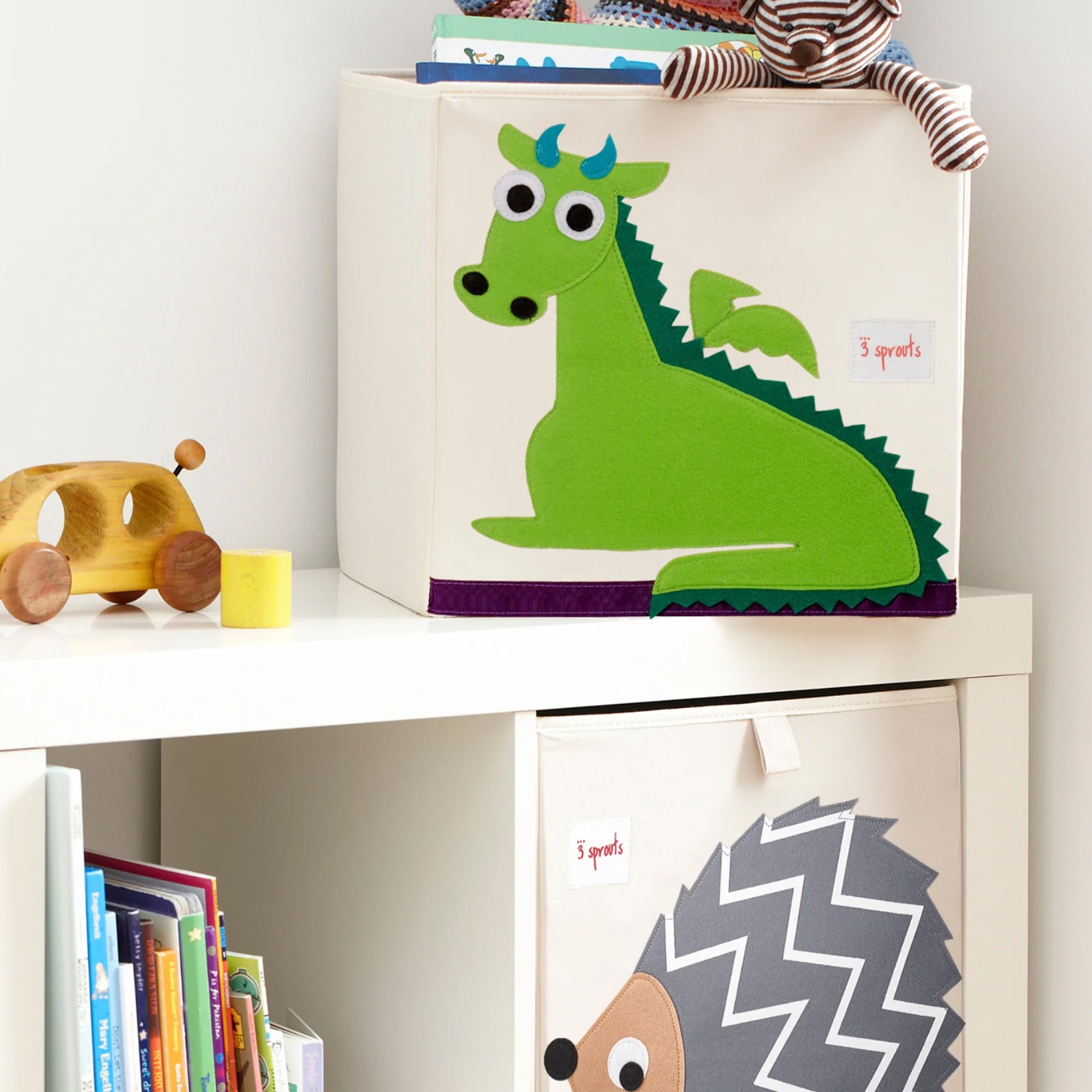 3 Sprouts Children's Fabric Storage Cube Bundle with Blue Cat and Green Dragon