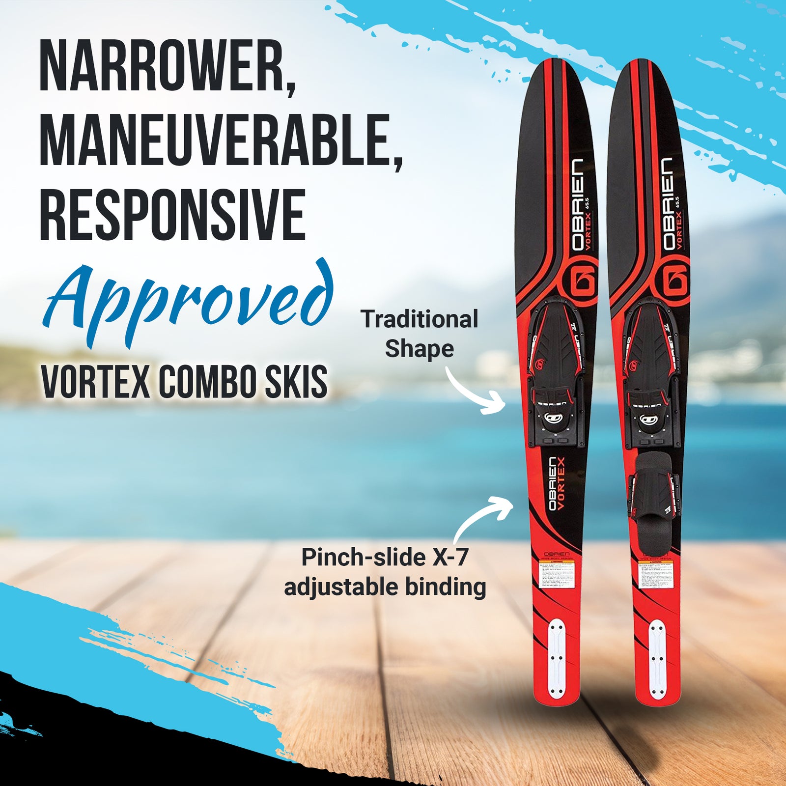 OBrien Vortex Combo 65.5 Inch Adult Mens Size 4.5-13 Wide Body Water Skis, Red - VMInnovations