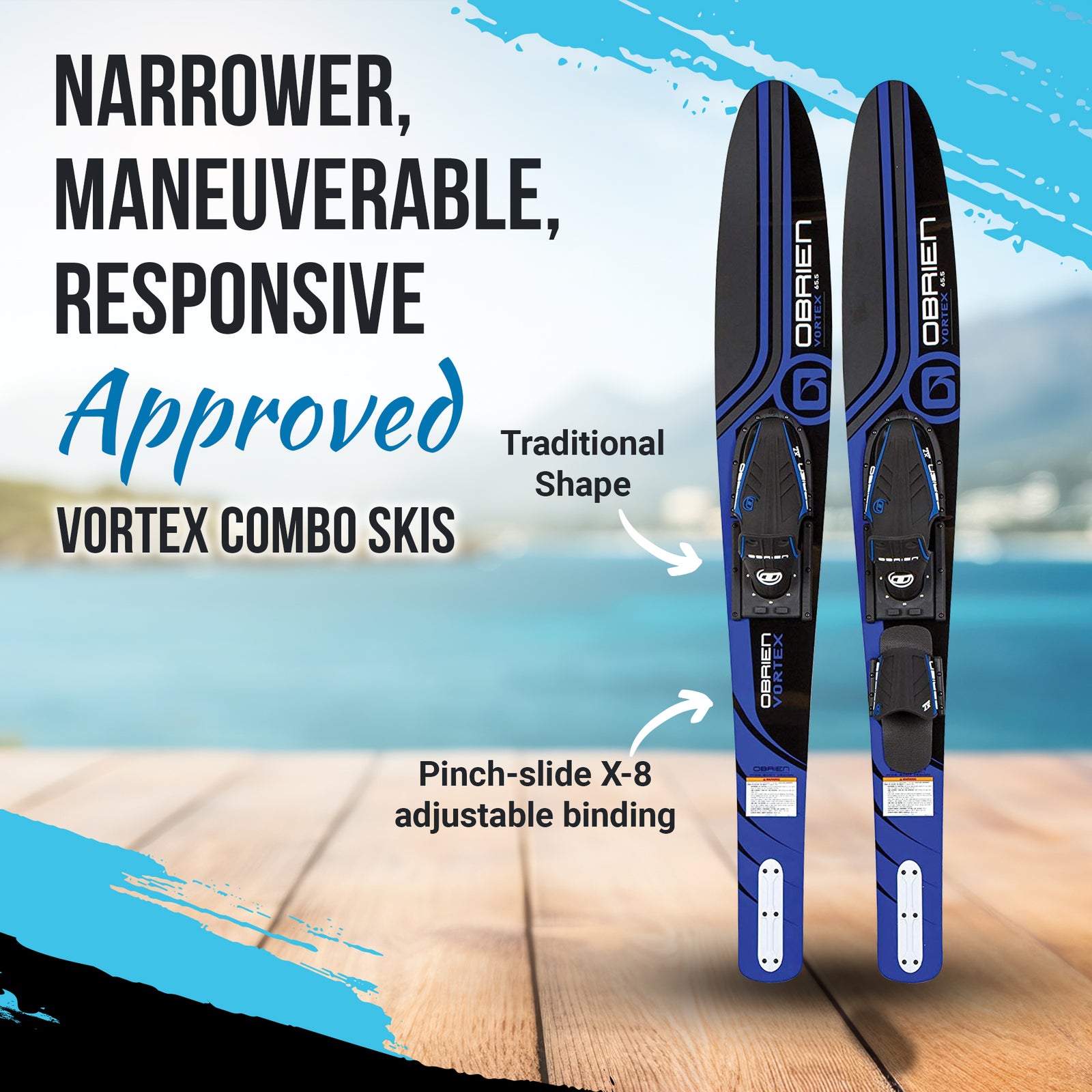 O'Brien Adult Vortex Combos 65.5" Nylon Adjustable Wide Waterskis, Blue (Used) - VMInnovations