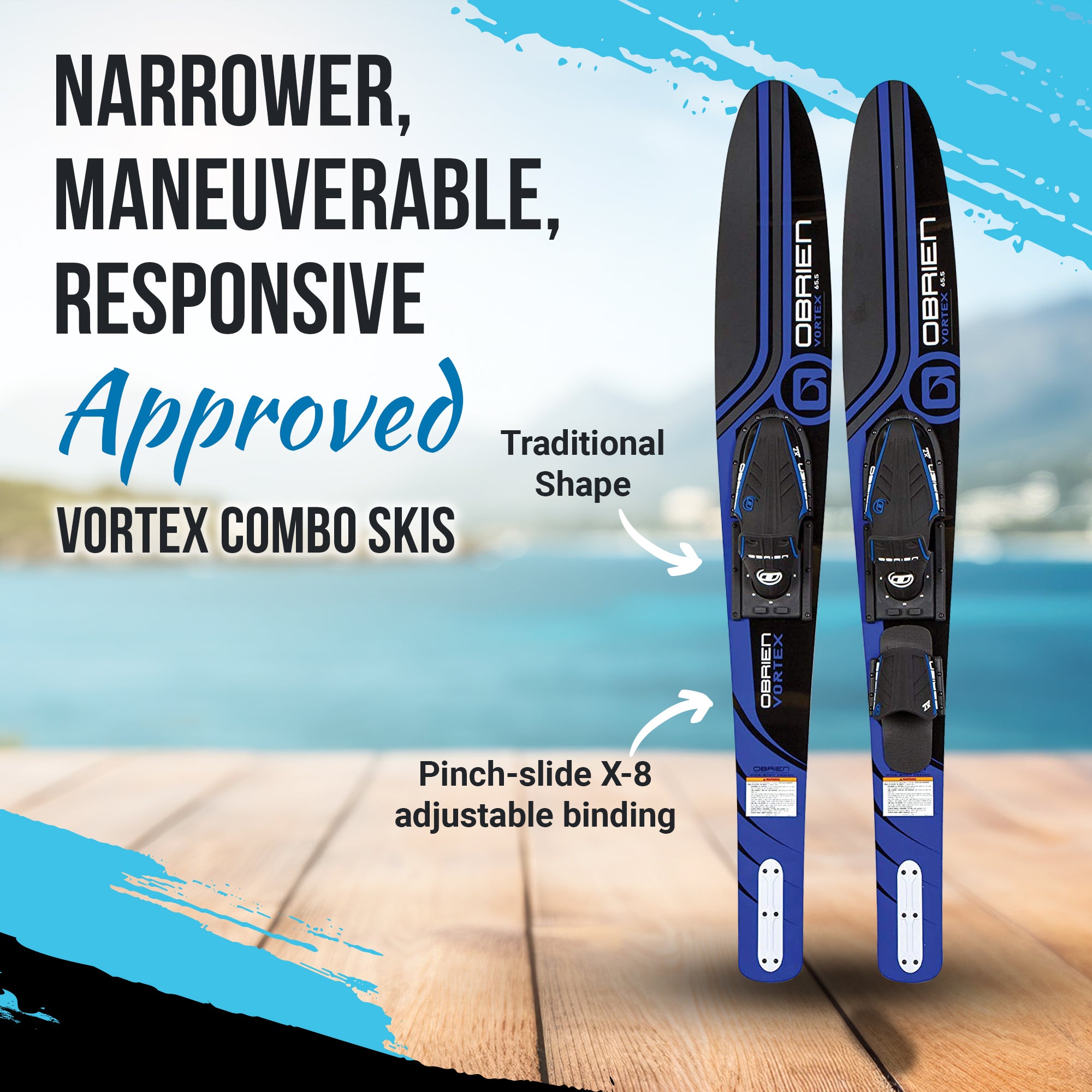 O'Brien Vortex Combos 65.5" Nylon Adjustable Wide Waterskis, Blue (Open Box) - VMInnovations