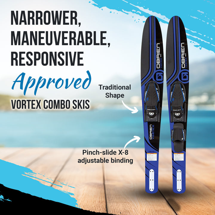 O'Brien Vortex Combos 65.5" Nylon Adjustable Wide Waterskis, Blue (Open Box)