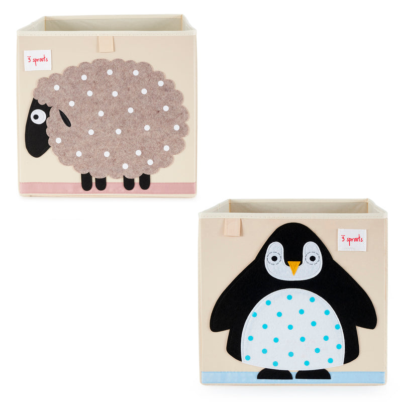 3 Sprouts Kids Foldable Fabric Penguin and Sheep Storage Cube Soft Toy Bins