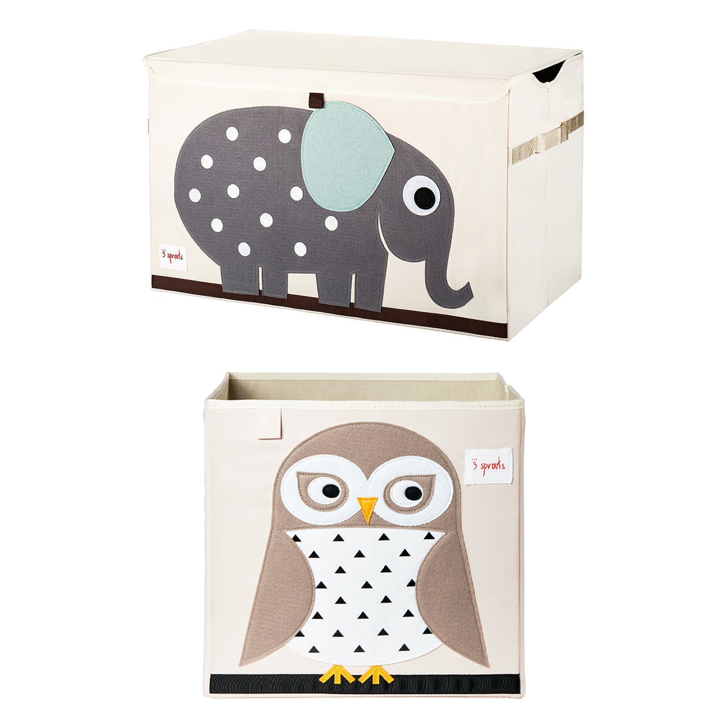 3 Sprouts Foldable Fabric Storage Cube Box Soft Toy Bin, Owl & Elephant (2 Pack)