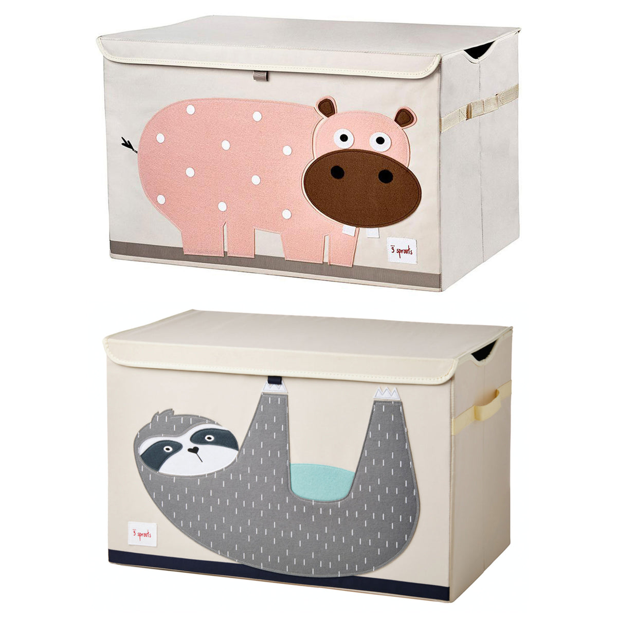 3 Sprouts Nursery Fabric Storage Trunk Toy Chest Box, Sloth & Hippo (2 Pack)