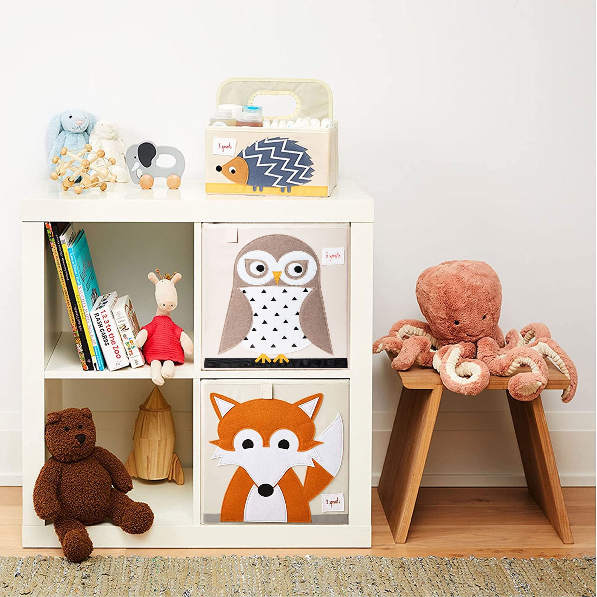 3 Sprouts Kids Playroom Foldable Fabric Storage Cube Bin Box, Fox & Owl (2 Pack)