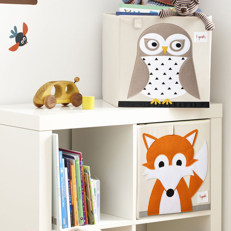 3 Sprouts Kids Playroom Foldable Fabric Storage Cube Bin Box, Fox & Owl (2 Pack)