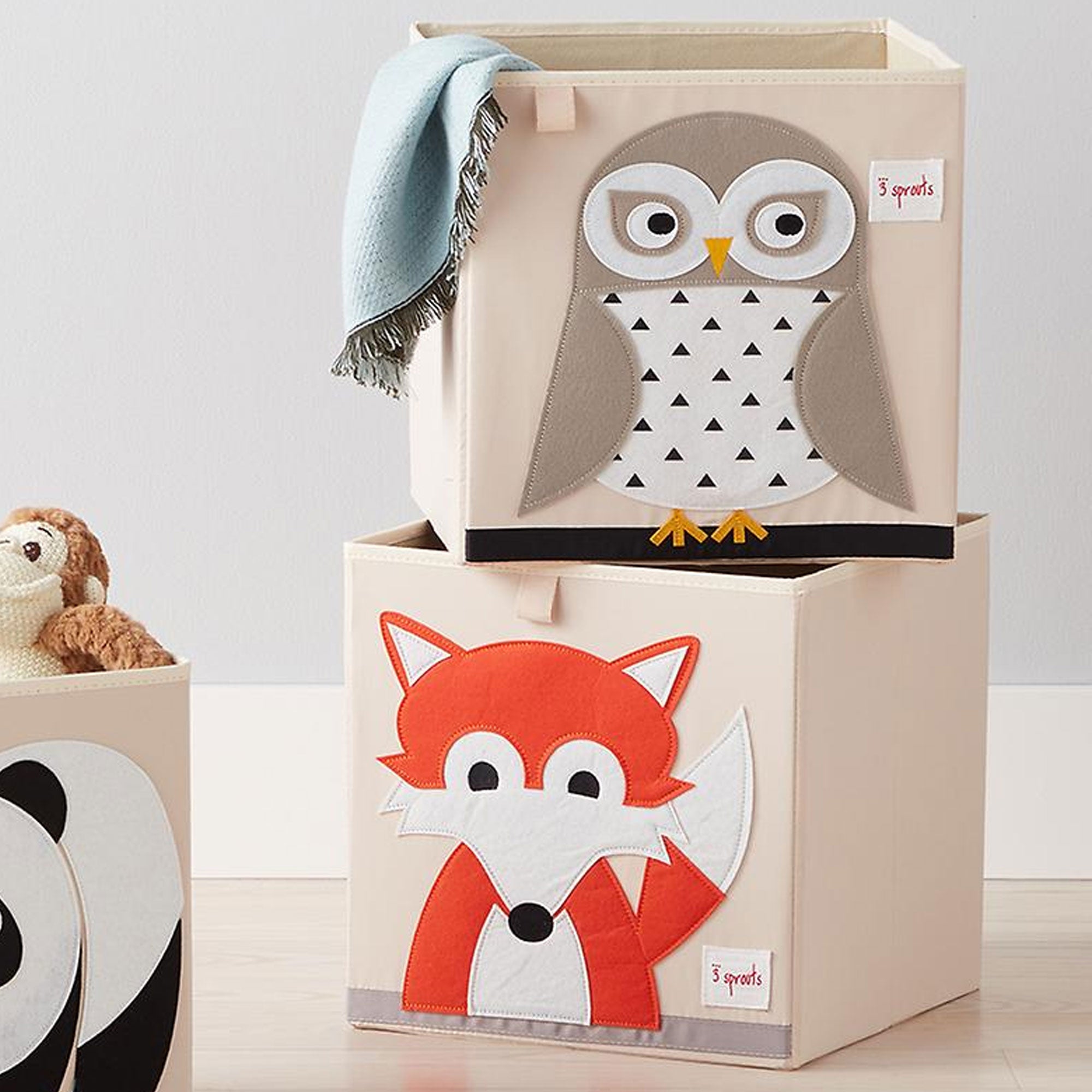 3 Sprouts Kids Playroom Foldable Fabric Storage Cube Bin Box, Fox & Owl (2 Pack)