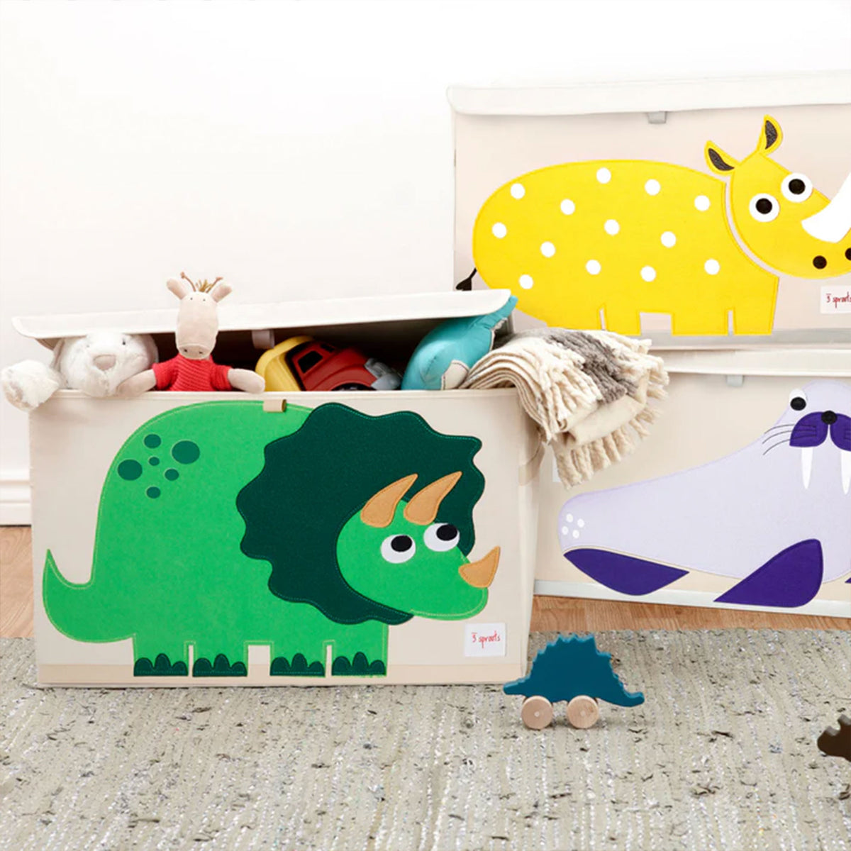 3 Sprouts Collapsible Toy Chest Storage Bin Bundle, Dinosaur + Elephant (2 Pack)