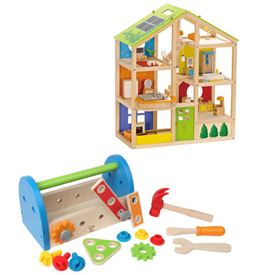 Hape All Season Childrens Wooden Dollhouse Bundle with Kids Fix It Tool Box