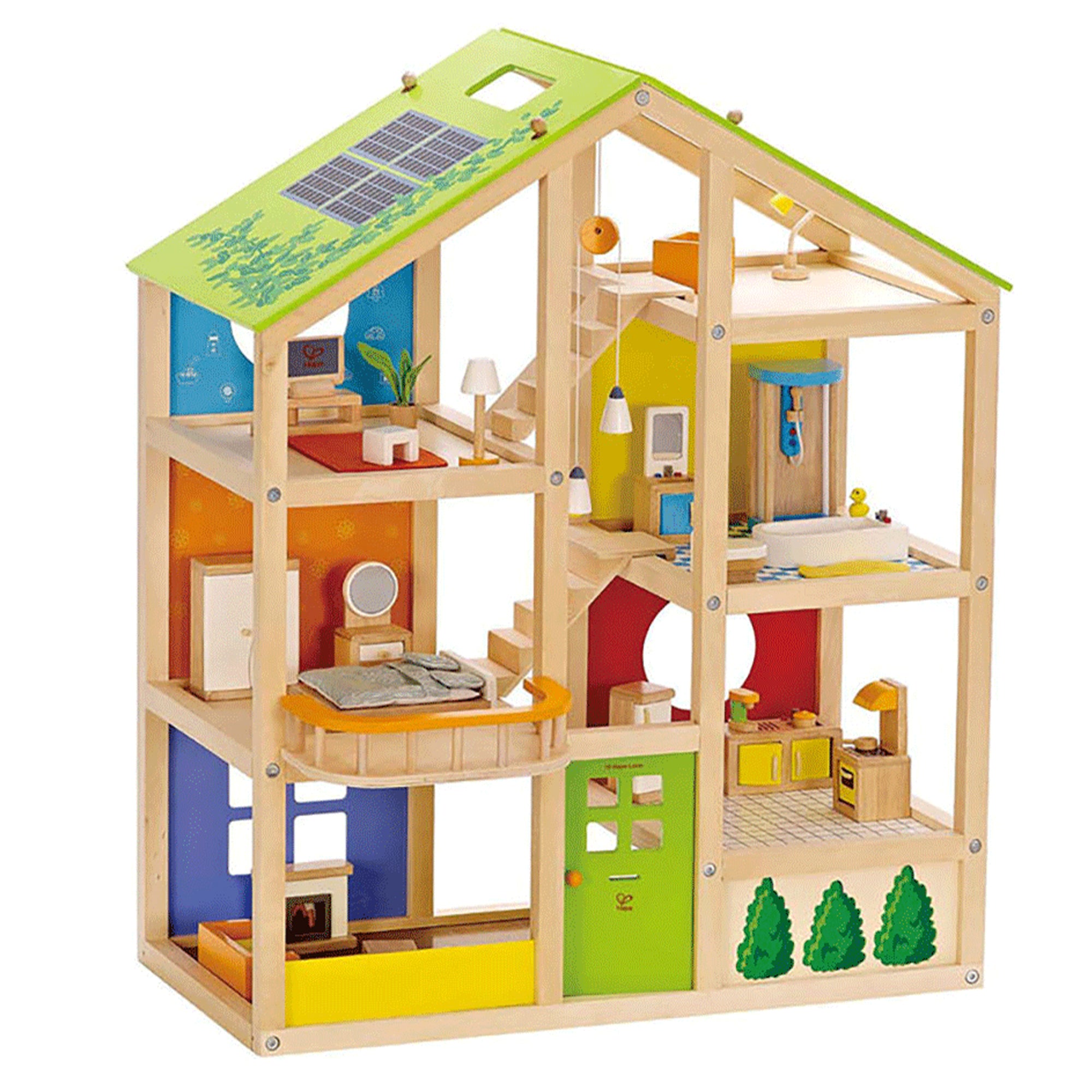 Hape All Season Childrens Wooden Dollhouse Bundle with Kids Fix It Tool Box