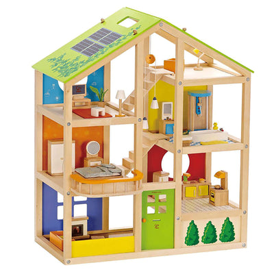 Hape All Season Childrens Wooden Dollhouse Bundle with Kids Fix It Tool Box