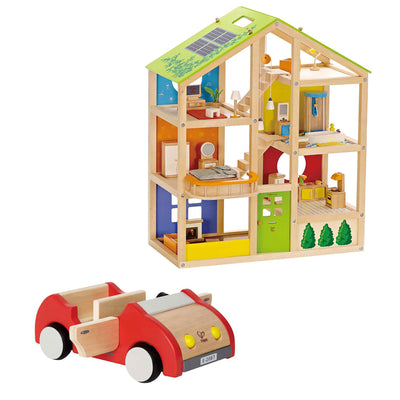Hape All Season Kids 6 Room Dollhouse Bundle with Wooden Family Play Toy Car