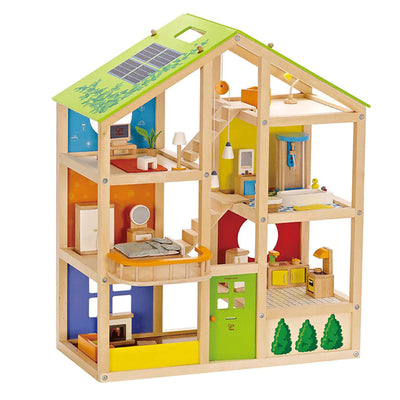 Hape All Season Kids 6 Room Dollhouse Bundle with Wooden Family Play Toy Car
