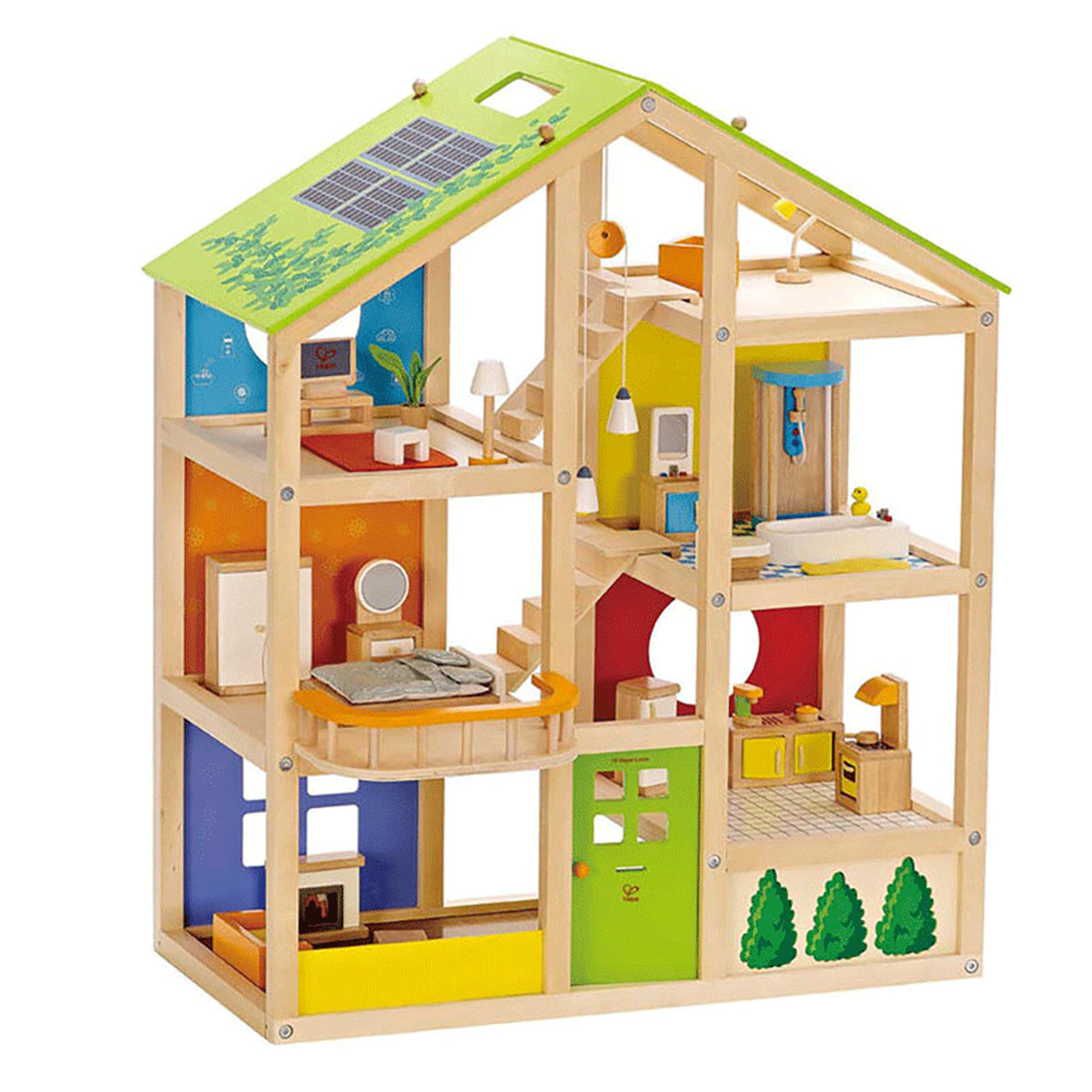 Hape All Season Kids 6 Room Dollhouse Bundle with Wooden Family Play Toy Car