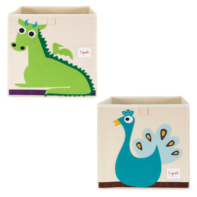 3 Sprouts Kids Felt Fabric Storage Cube Bin with Dragon & Peacock - VMInnovations