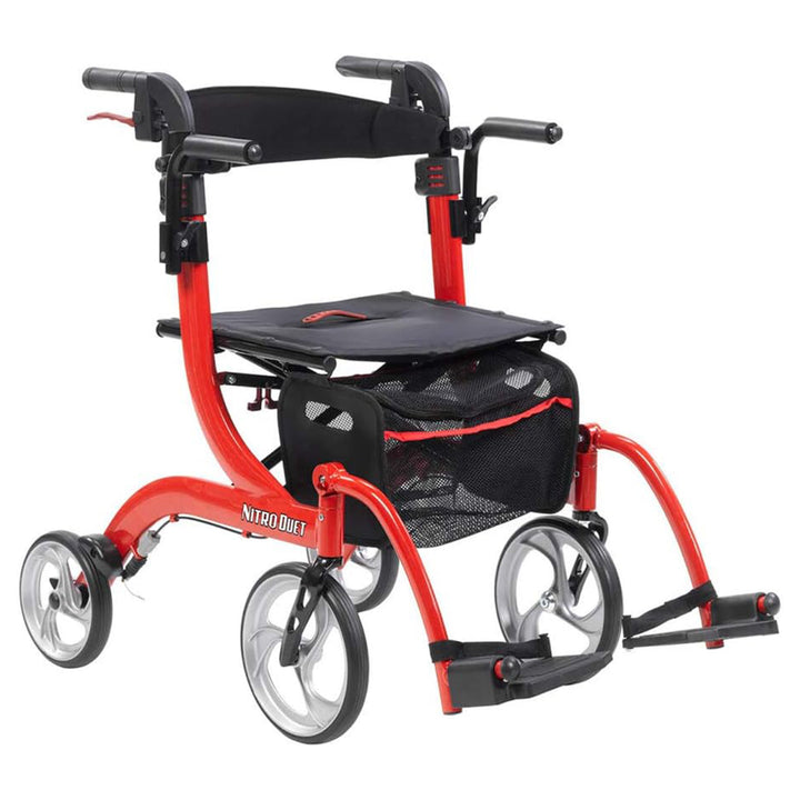 Drive Medical Nitro Duet Rollator Walker and Transport Wheelchair Chair, Red