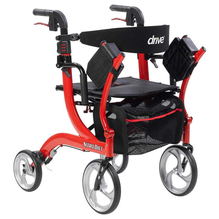 Drive Medical Nitro Duet Rollator Walker and Transport Wheelchair Chair, Red