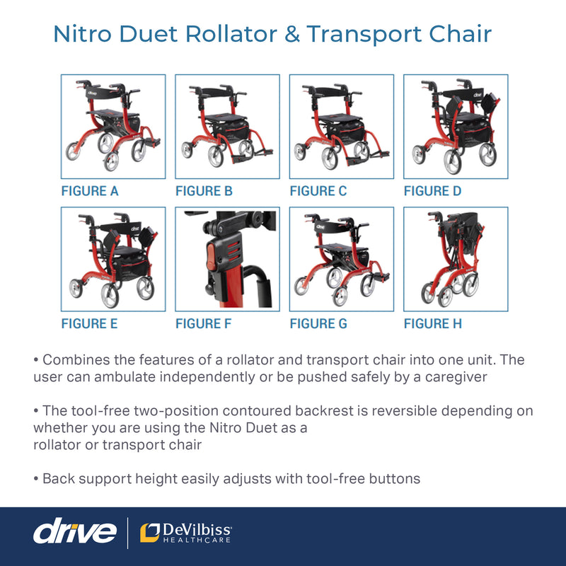 Drive Medical Nitro Duet Rollator Walker and Transport Wheelchair Chair, Red