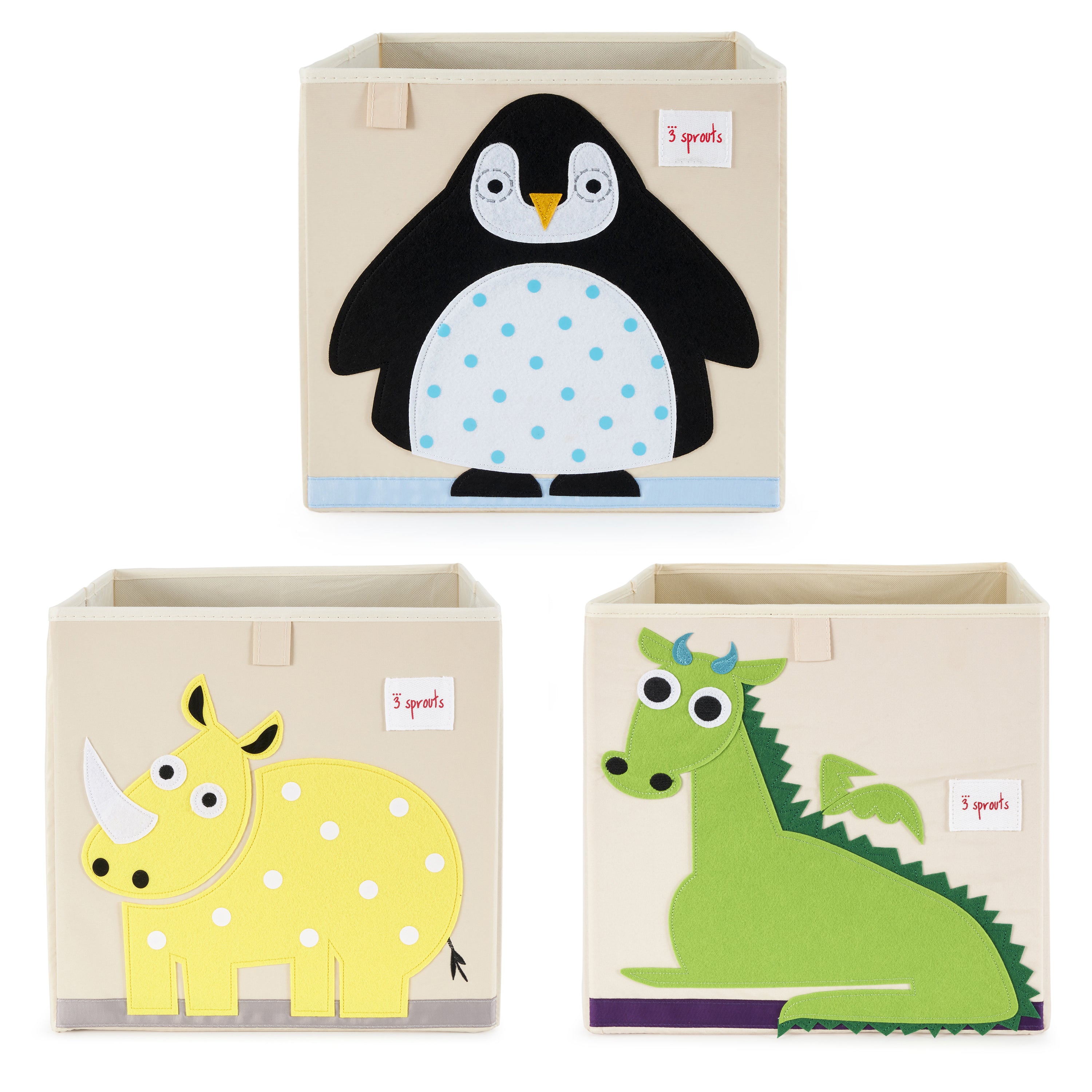3 Sprouts Kids Felt Dragon Storage Cube Bin w/ Penguin & Rhino Storage Cube Bins - VMInnovations