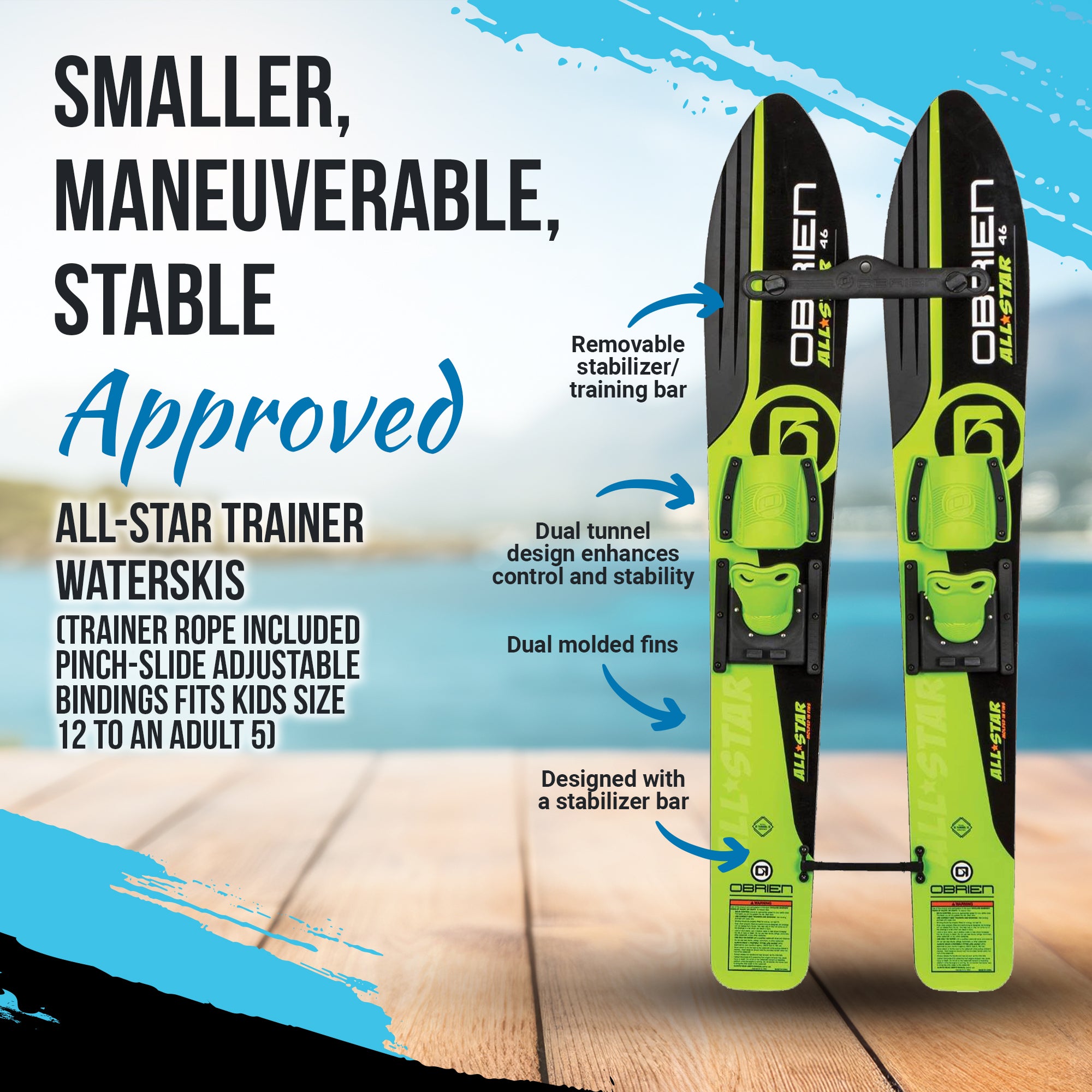 OBrien 46 Inch All Star Trainer Kids Waterskis w/ Trainer Rope (Open Box)