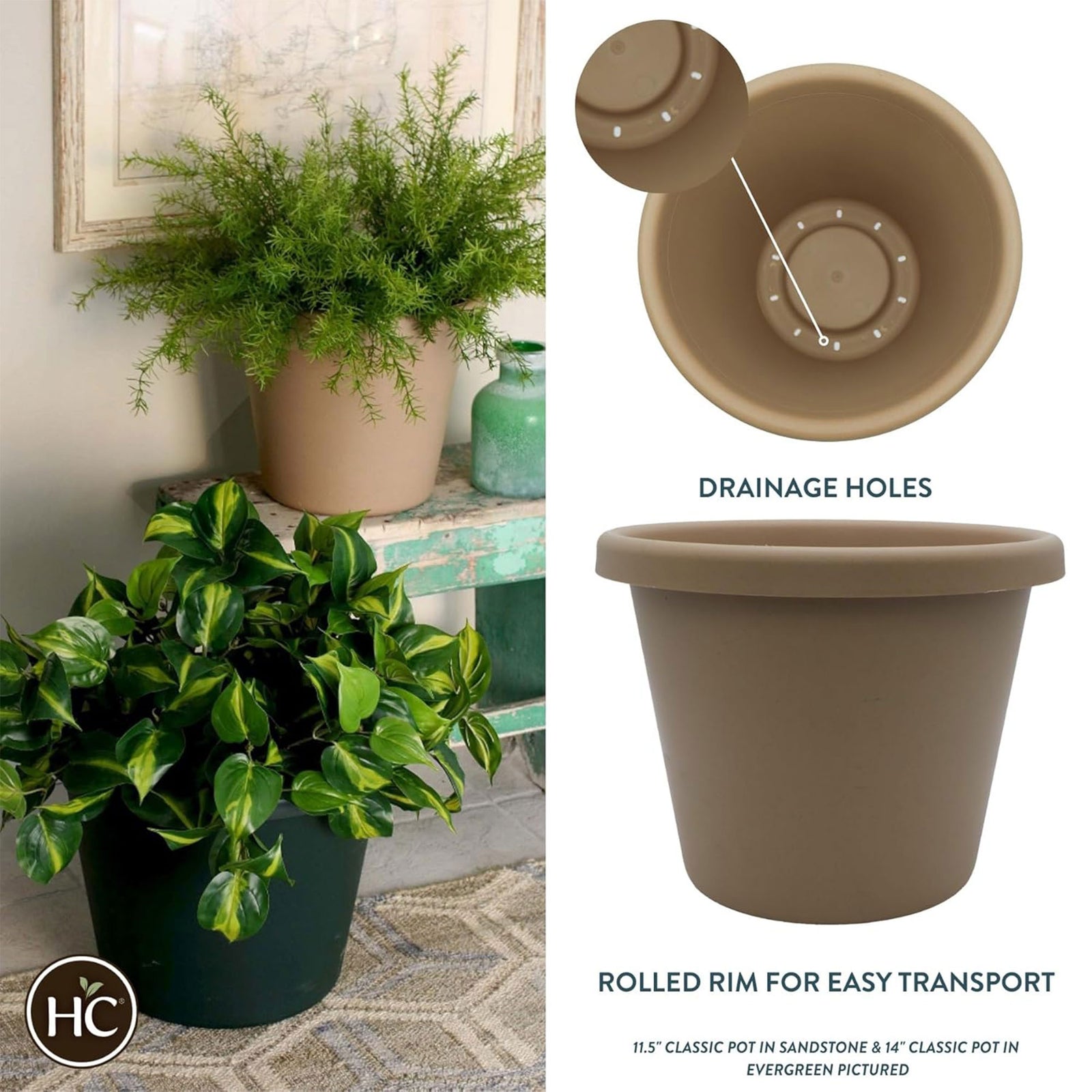 The HC Companies 16" Plastic Indoor Outdoor Classic Flower Pot Planter, Beige - VMInnovations
