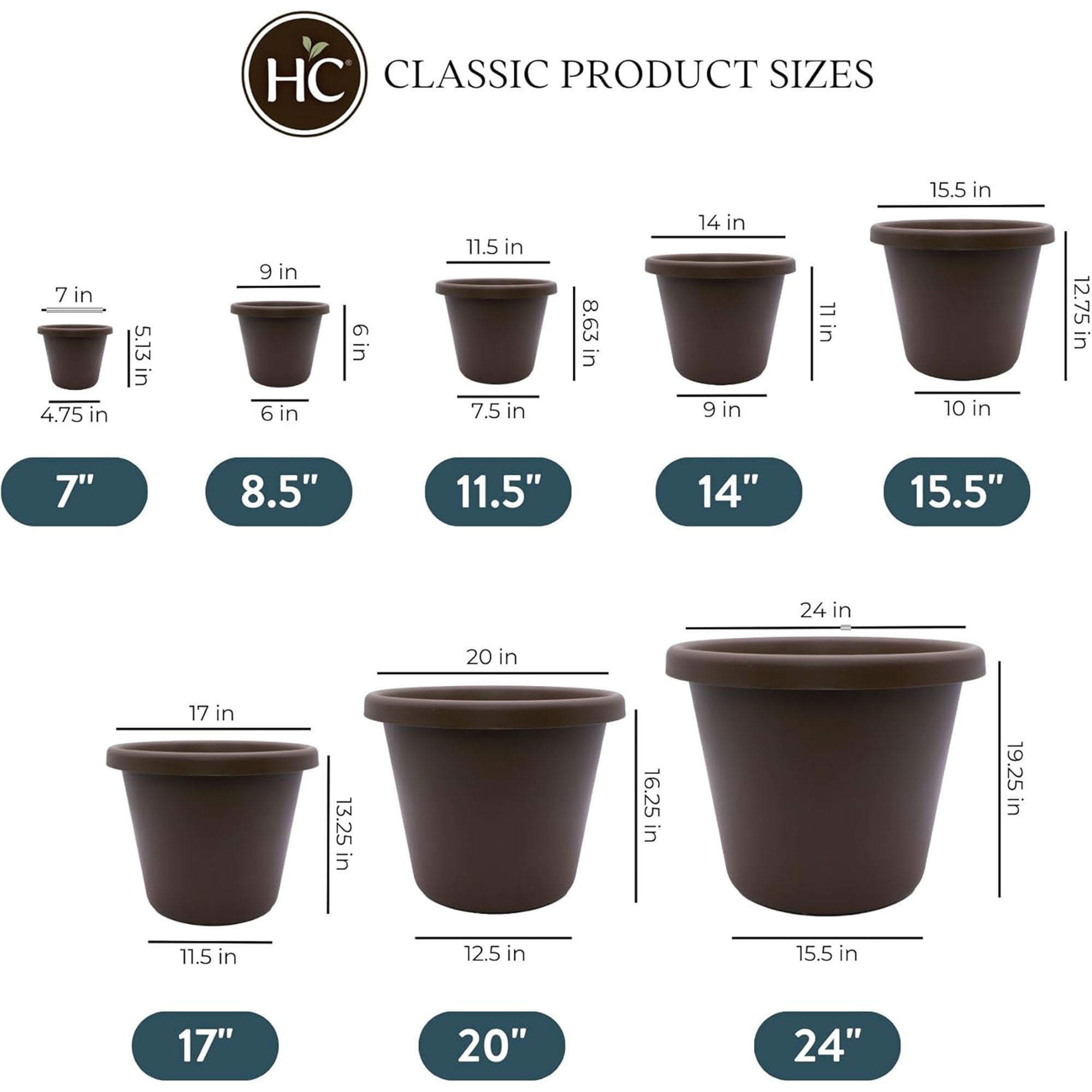 The HC Companies 24" Plastic Indoor Outdoor Classic Flower Pot Planter, Brown - VMInnovations