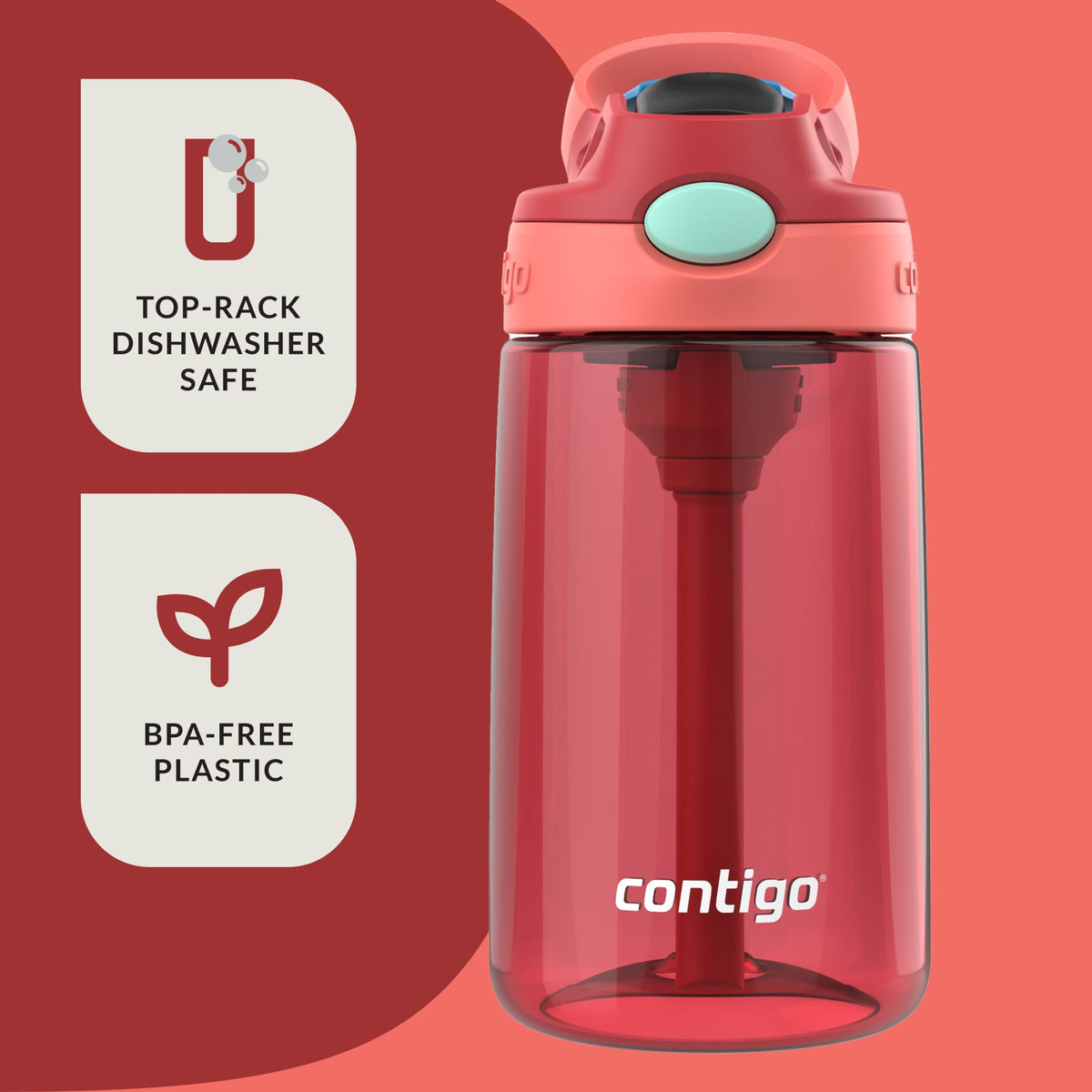 Contigo 4 Pack Water Bottle with AUTOSPOUT Flip Straw, 14 oz, Goji Berry Coral - VMInnovations