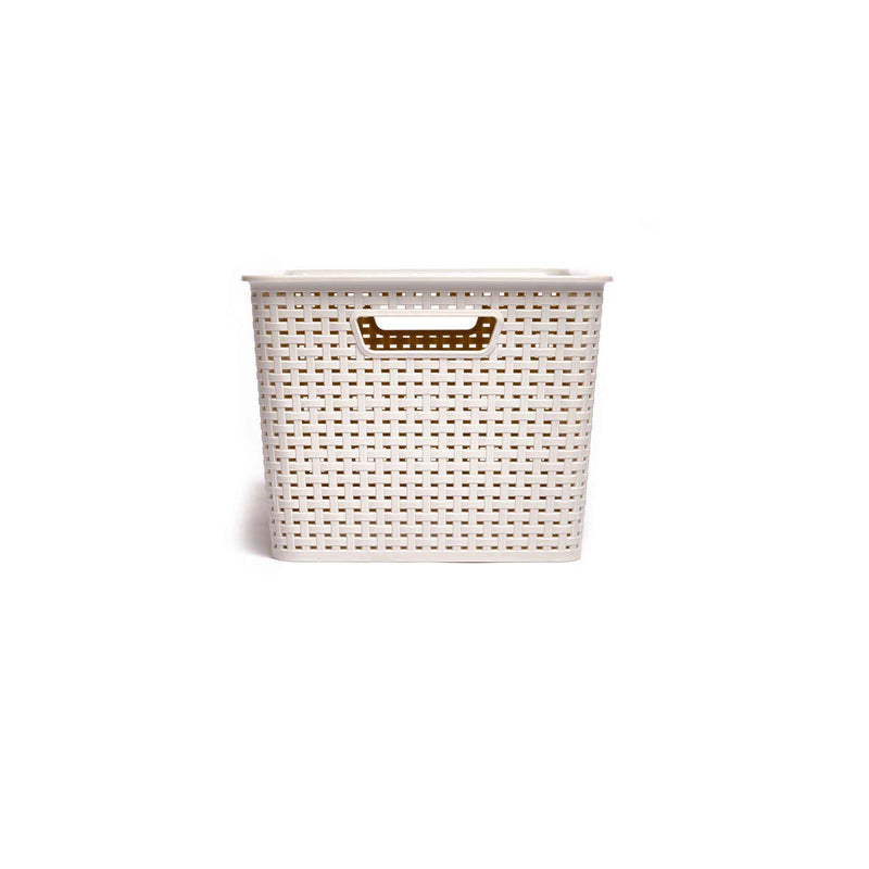 Homz Plastic Woven Storage Basket Bin with Matching Lid, Cream, Large (Open Box)