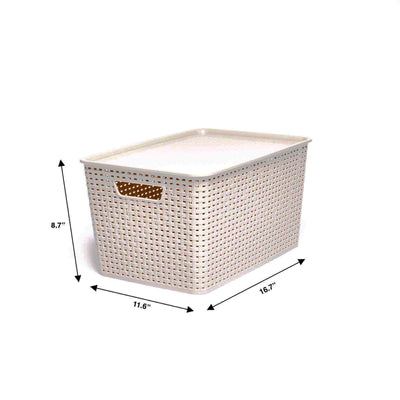 Homz Large Plastic Woven Storage Basket Bin with Matching Lid, Cream (12 Pack)