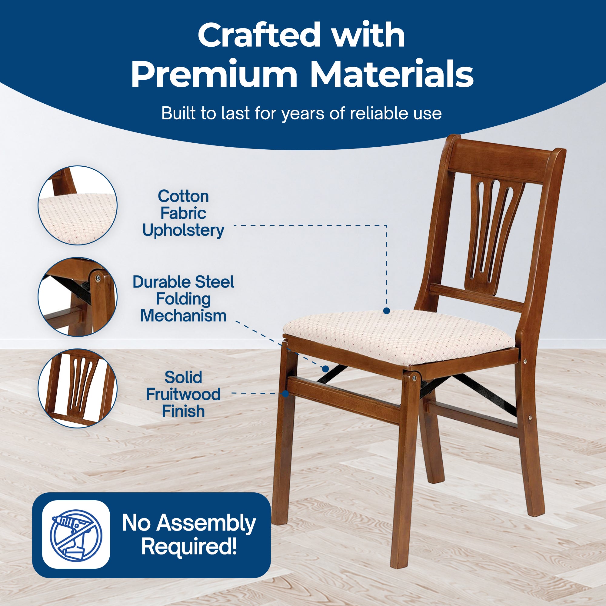 MECO Stakmore Urn Wood Upholstered Seat Folding Chair Set, Fruitwood (2 Pack) (Refurbished) - VMInnovations