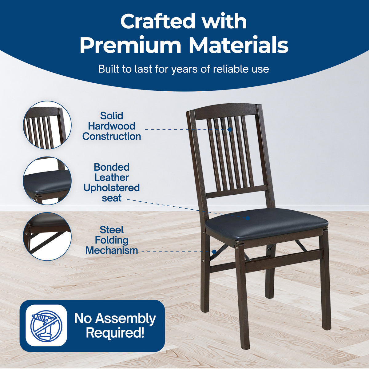 MECO Stakmore Mission Upholstered Seat Folding Chairs, Espresso/Black (2 Pack)