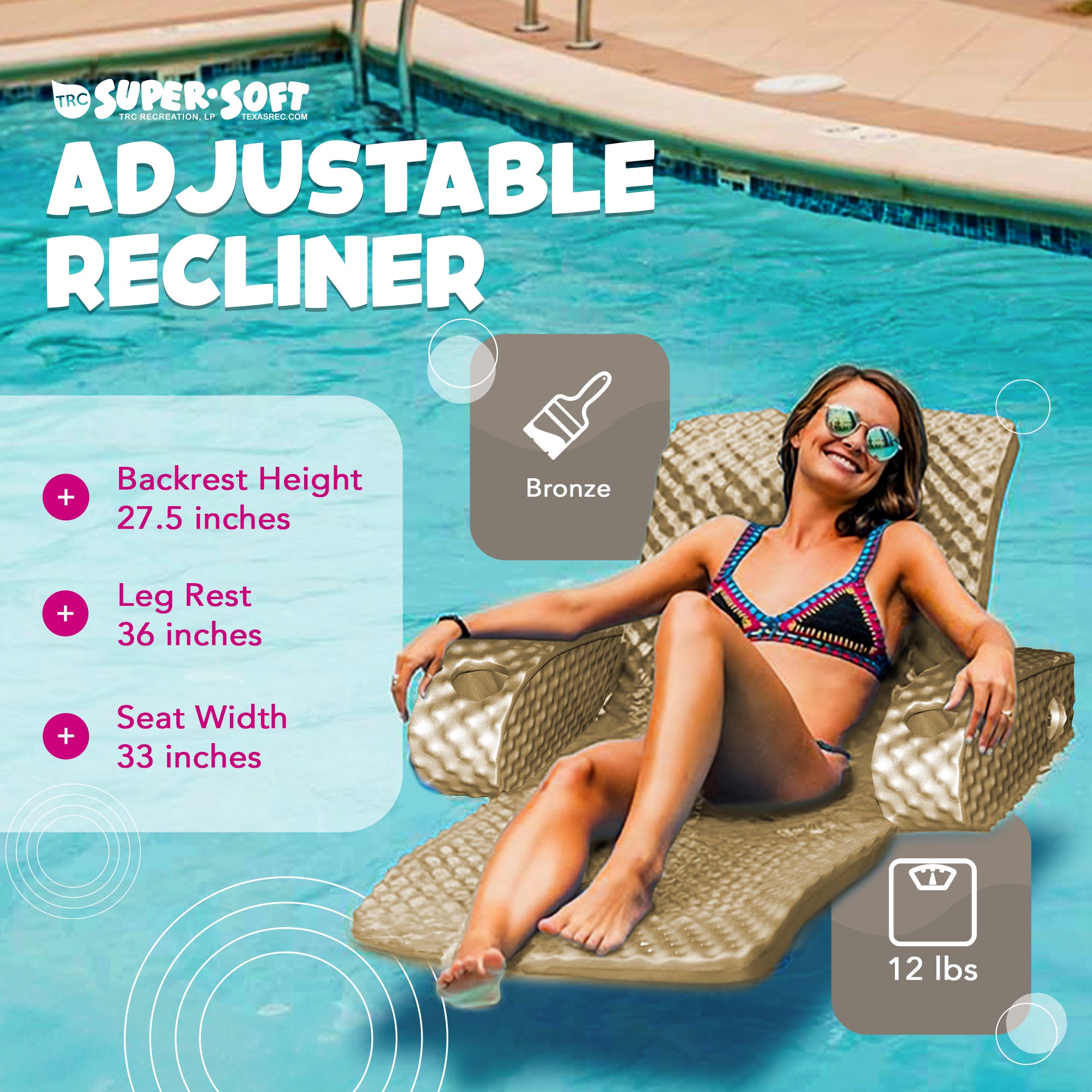 TRC Super Soft Adjustable Swimming Pool Lounge Recliner Float, Bronze (Open Box) - VMInnovations