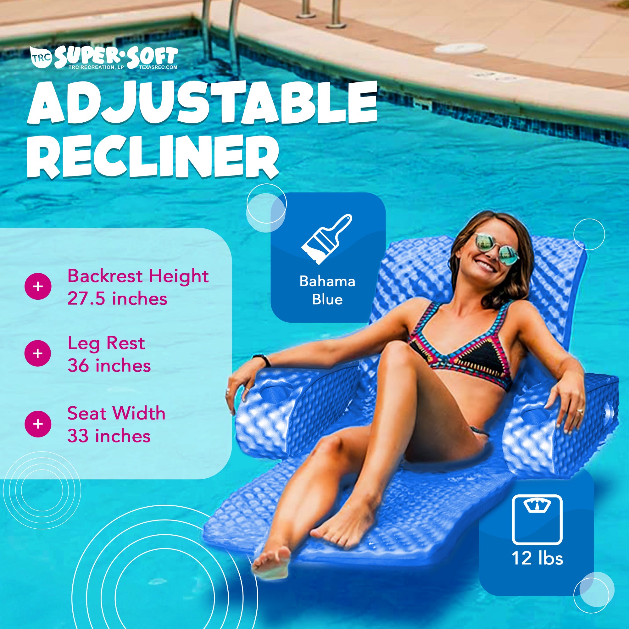 TRC Super Soft Adjustable Pool Lounger Recliner Float, Bahama Blue (Open Box) - VMInnovations