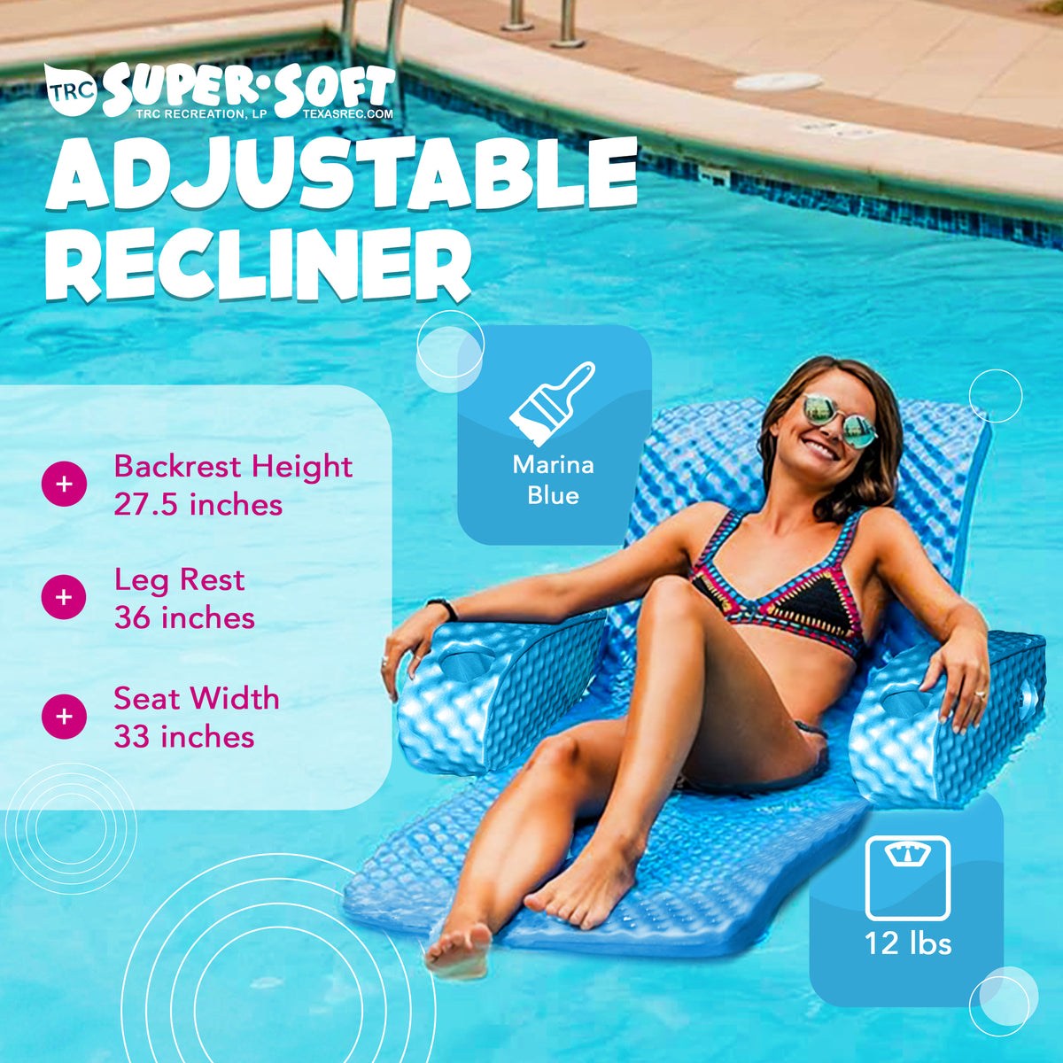 TRC Recreation Super Soft Adjustable Pool Recliner Float, Marina Blue (Open Box)