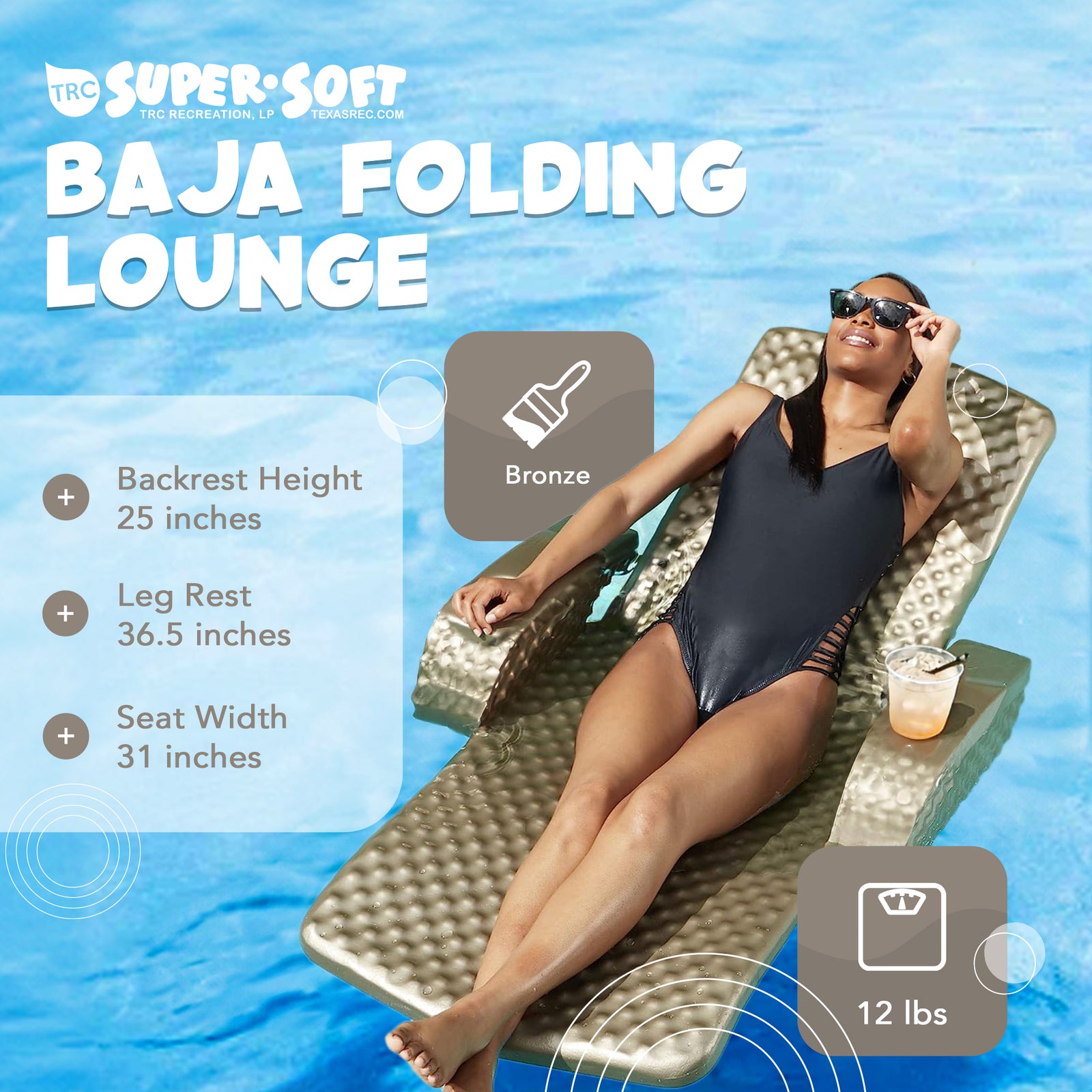 TRC Recreation Folding Baja II Lounger Portable Pool Float, Bronze (Open Box) - VMInnovations