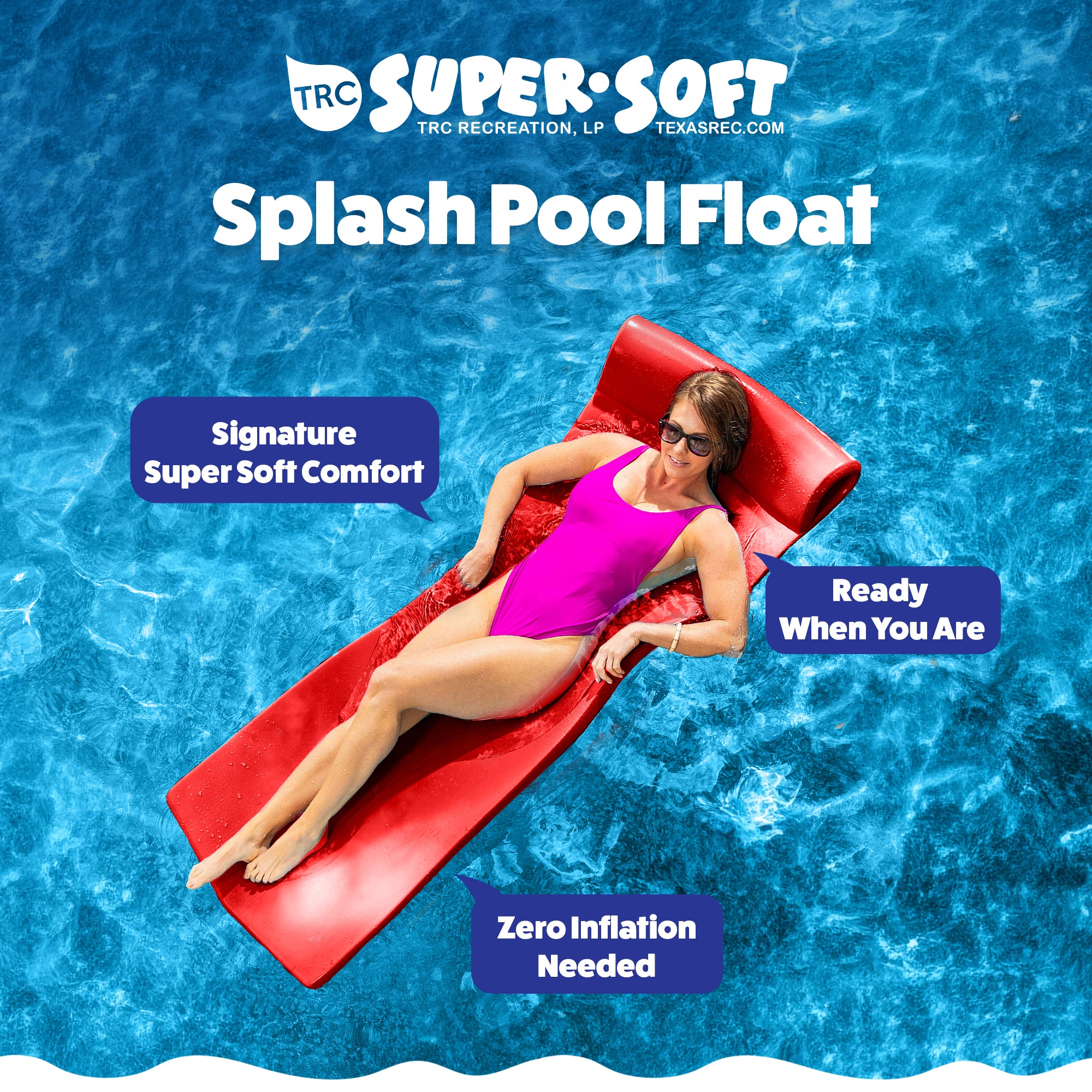 TRC Recreation Splash 1.25" Thick Foam Swimming Pool Float Lounger Mat, Red - VMInnovations