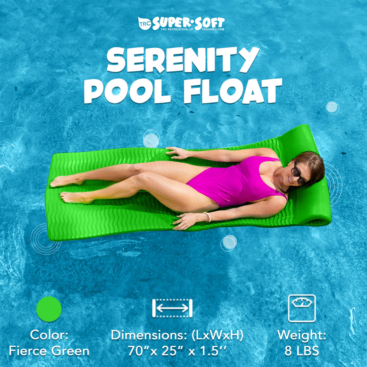 TRC Recreation Serenity 1.5" Thick Foam Pool Float Mat, Fierce Green (Open Box)