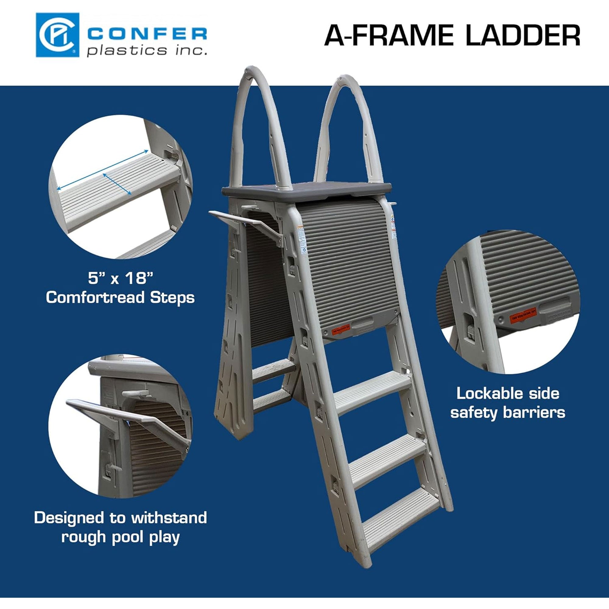 Confer Plastics Roll-Guard 48-56" A-Frame Pool Safety Ladder, Gray (Open Box) - VMInnovations