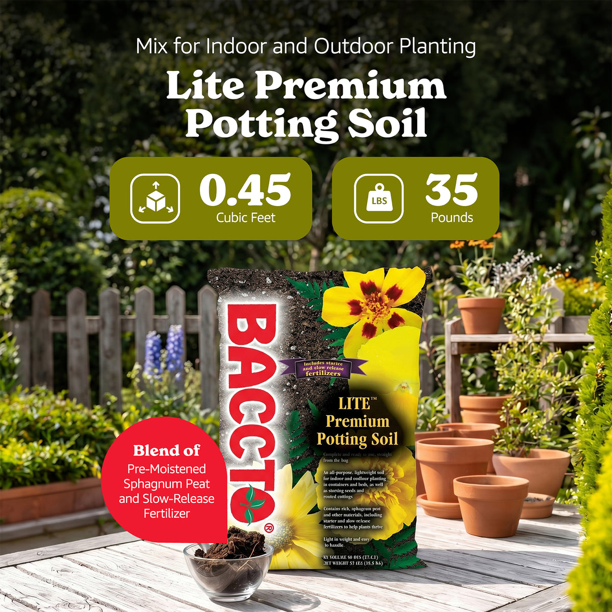 Michigan Peat Baccto Lite Premium Indoor Outdoor Potting Soil, 40 Quart, 65 Pack