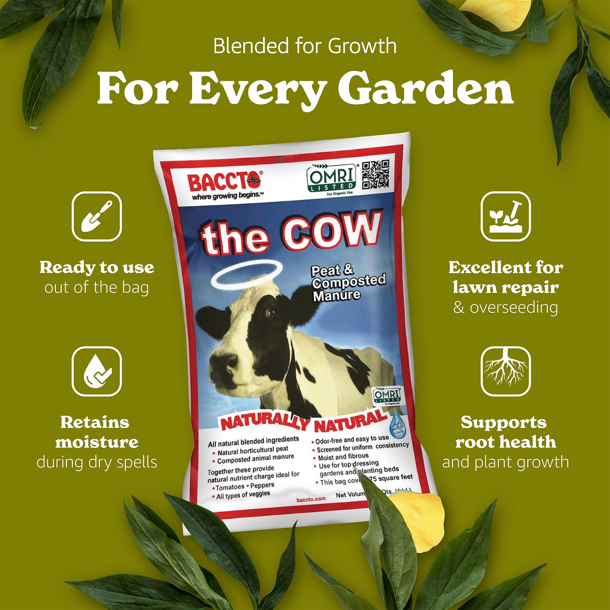 Baccto Wholly Cow Horticulture Peat & Composted Manure, 40 Quarts (8 Pack)