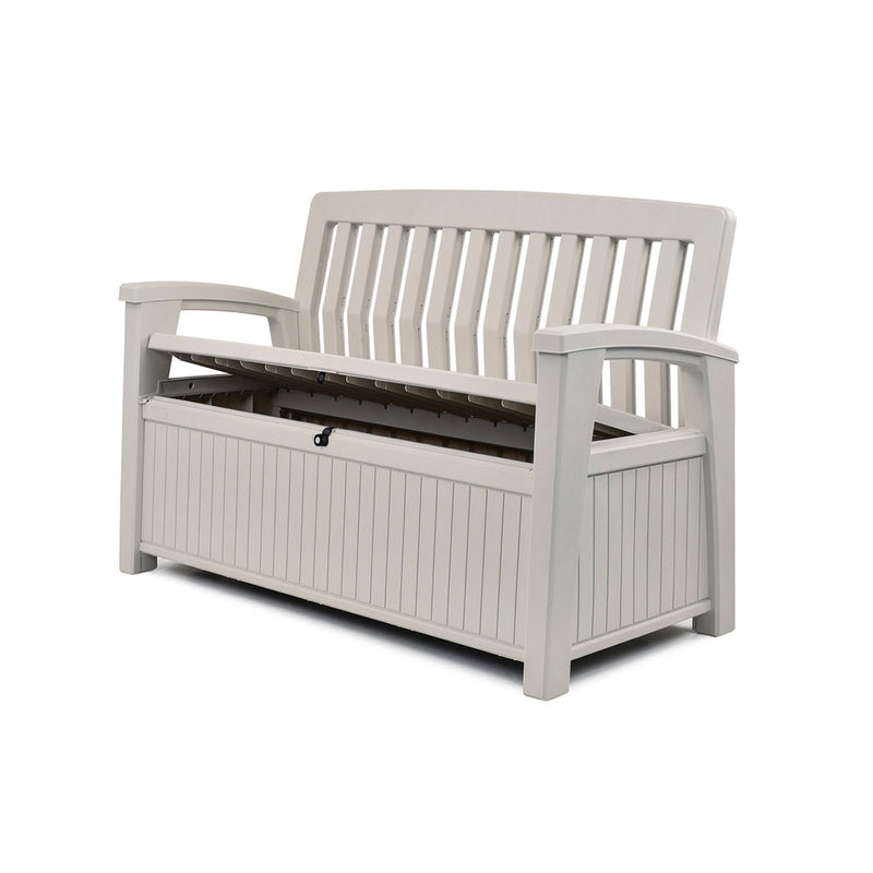 Keter 60 Gallon Storage Bench Chair Deck Box for Outdoor Patio and Garden, Ivory