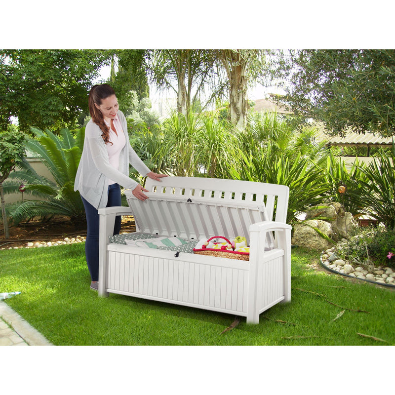Keter 60 Gal Patio Storage Bench Tool Box for Patio and Garden Ivory (For Parts)