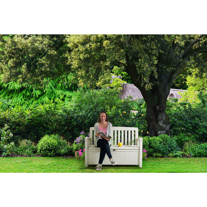 Keter 60 Gallon Patio Storage Bench Tool Box for Patio and Garden, Ivory (Used)