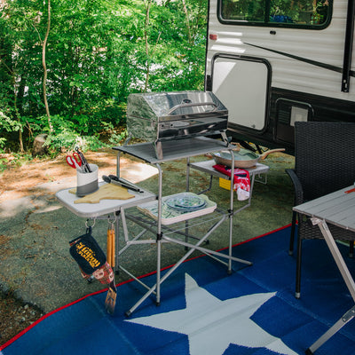 Camco Deluxe Folding Steel Grill Table with Side Tables, Hooks, Case (Open Box) - VMInnovations