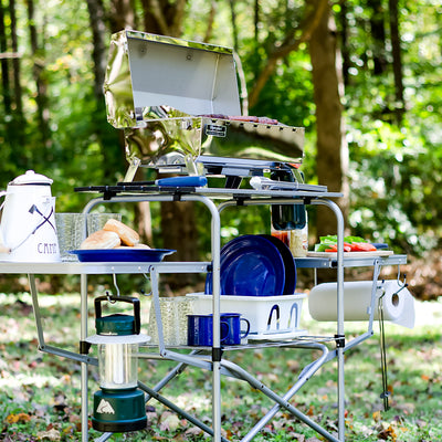 Camco Deluxe Folding Steel Grill Table with Side Tables, Hooks, Case (Open Box) - VMInnovations