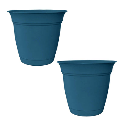 HC Companies 8 Inch Eclipse Planter with Attached Saucer, Peacock Blue (2 Pack)