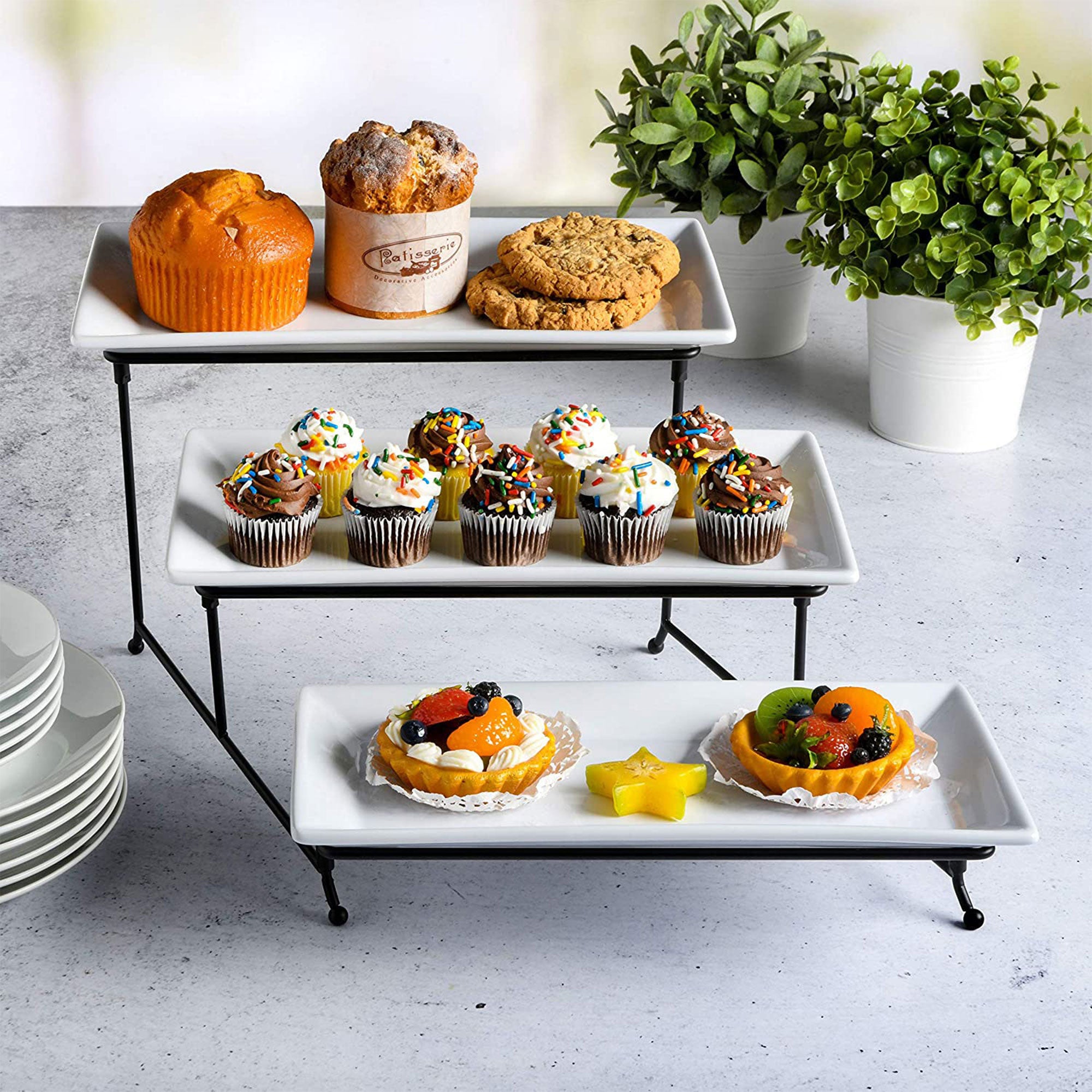 Gibson Elite Gracious Dining 3 Tier Rectangular Serving Platter Stand Set, Black - VMInnovations