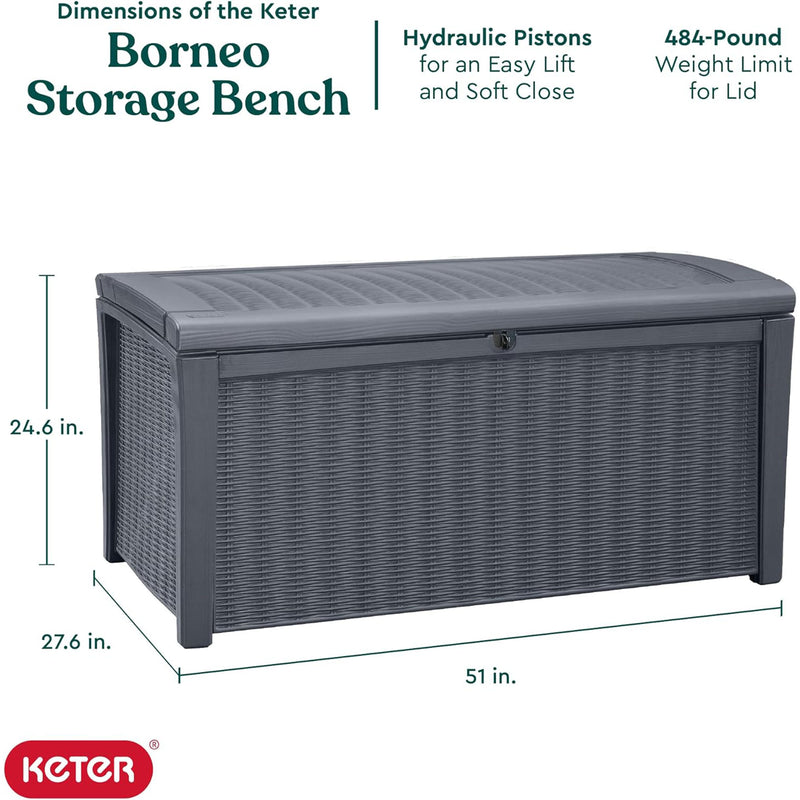 Keter Borneo 110 Gallon Rattan Wicker Resin Patio Deck Storage Box Bench, Grey