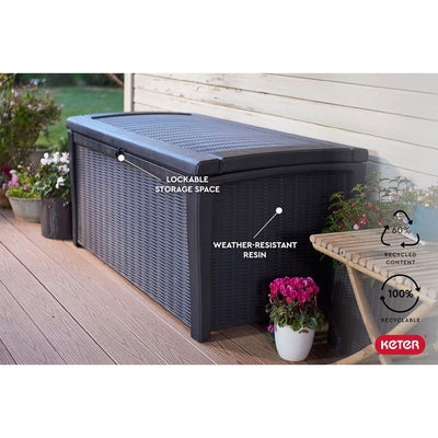 Keter Borneo Rattan/Wicker Style Resin Patio Deck Box Storage Bin, 110gal, Grey (Refurbished)