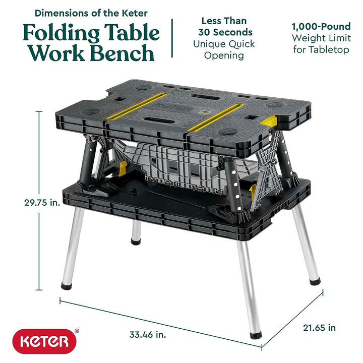 Keter Portable Folding Table Tool Storage Stand Workbench Sawhorse w/ 12" Clamps